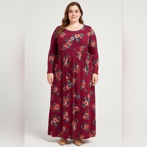 AB) Floral Print Burgundy Maxi Dress – Size 2X | Romantic Evening or Cas…